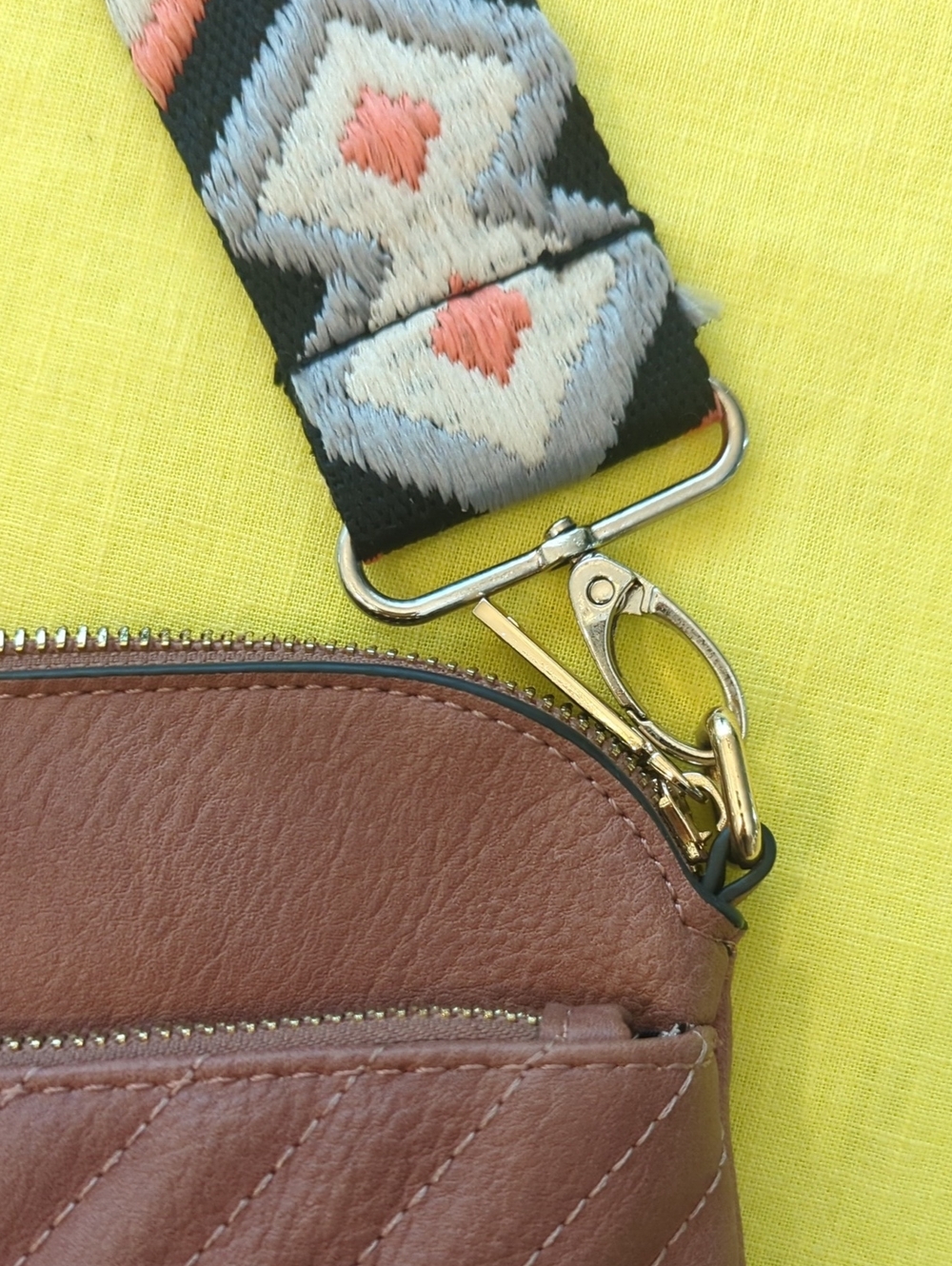 Brown Quilted Crossbody Bag with Patterned Strap - Picture 5 of 14